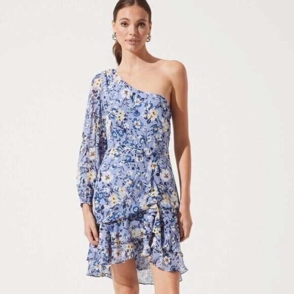 ASTR The Label One Sleeve Ruffled Floral Dress in Blue Size Large - Picture 1 of 9